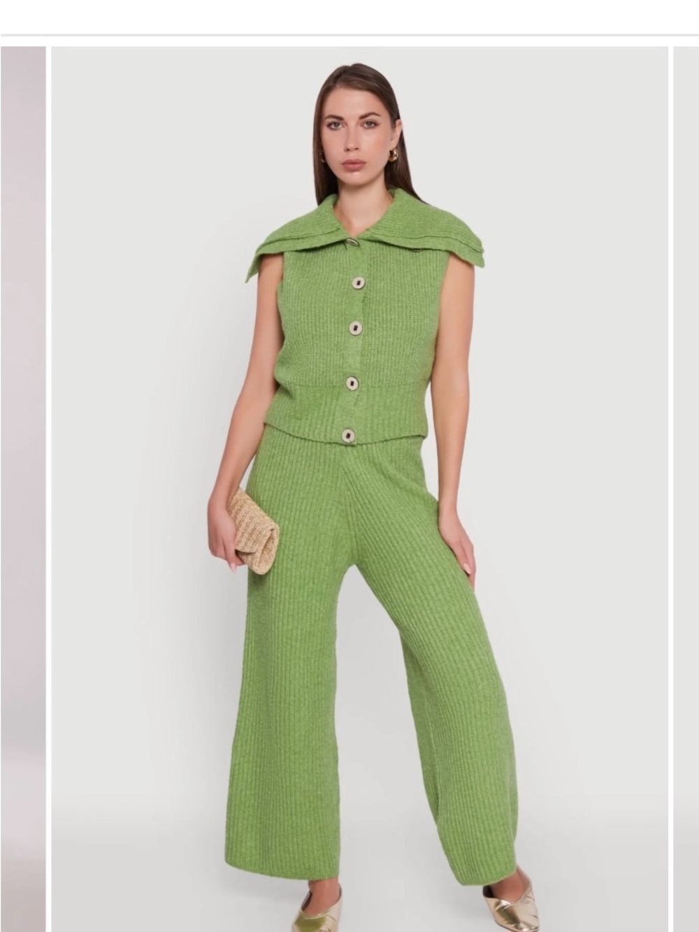 Women's Green Knit Wide-Leg Pants